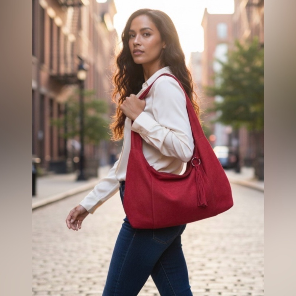 Maxon Collection Red Suede Tassel Hobo Shoulder Bag, Boho Chic Slouchy Handbag